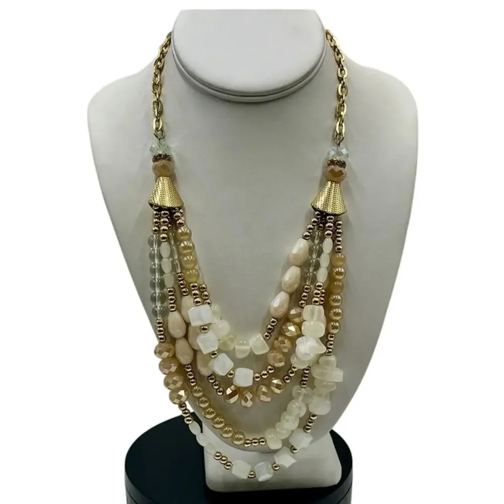 Natasha MultiStrand Layered Peach Opal White AB Beaded Statement Necklace‎